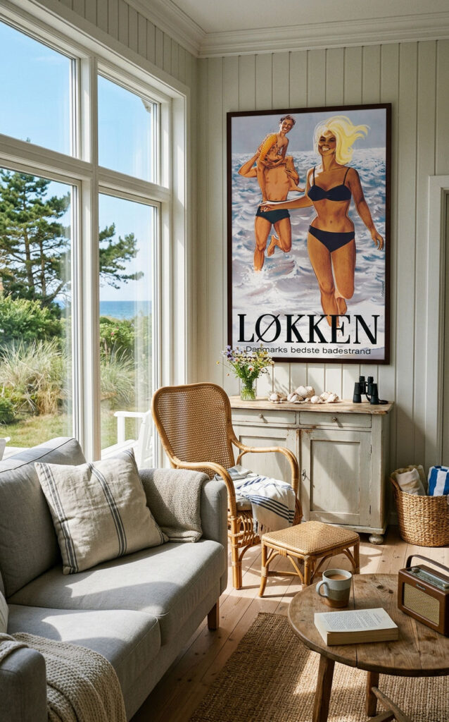 Løkken plakat i sort træ ramme hænger i sommerhus i lyse farver med udkig til klitter og hav