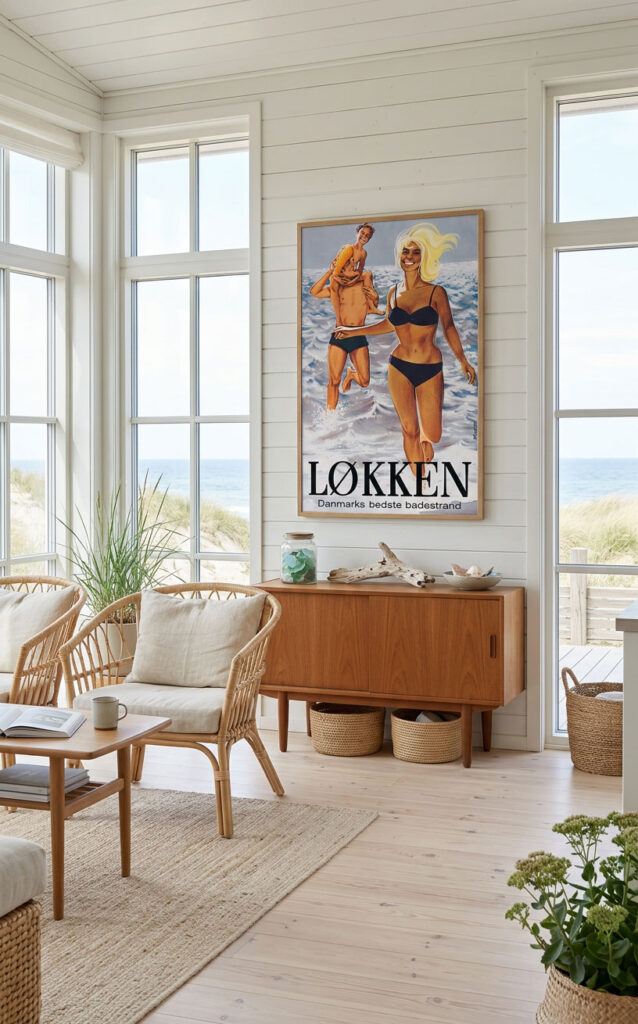 Løkken plakat i egetræsramme hænger i sommerhus i lyse farver med udkig til klitter og hav